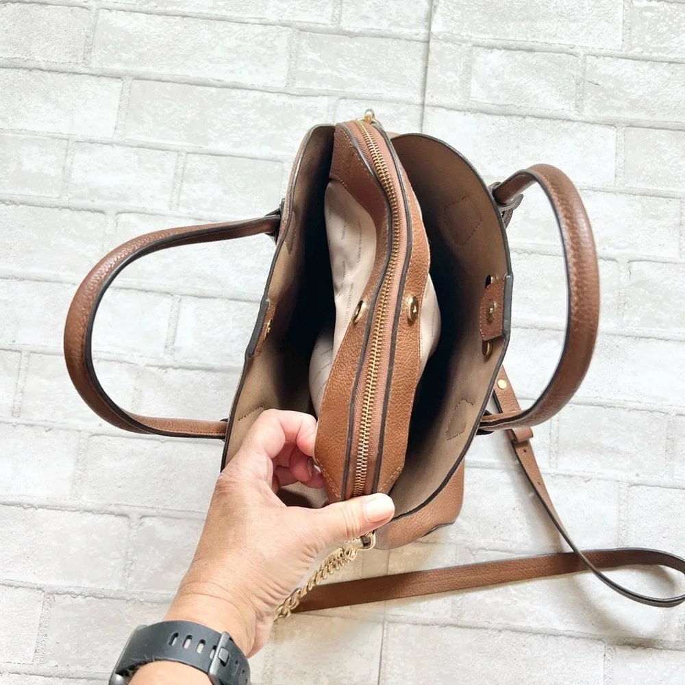 Michael Kors Mercer Medium Dome Satchel Bag Brown Leather with Shopping Bag